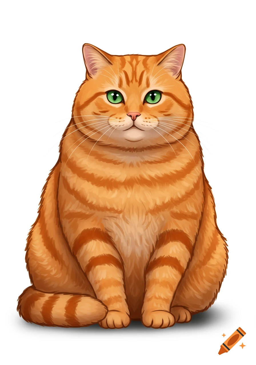 An illustration of a ginger cat with green eyes sitting on a white background.