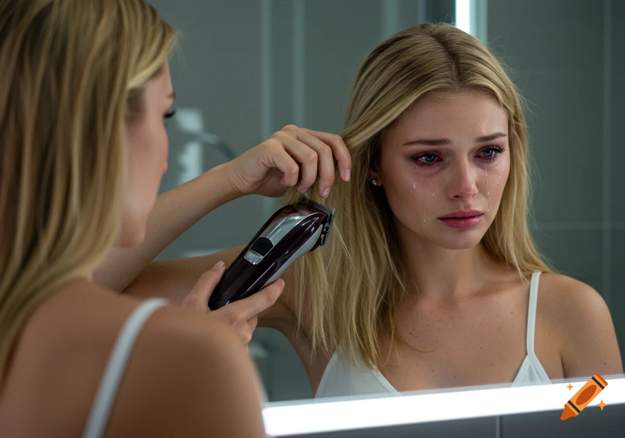A photorealistic image of a young blonde woman crying in front of a mirror, holding hair clippers to her long hair.