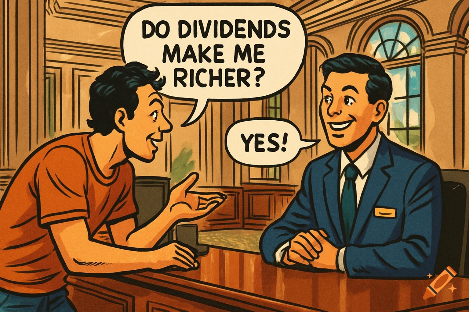 A comic illustration shows a man asking a bank teller, 'Do dividends make me richer?' The teller replies, 'Yes!'