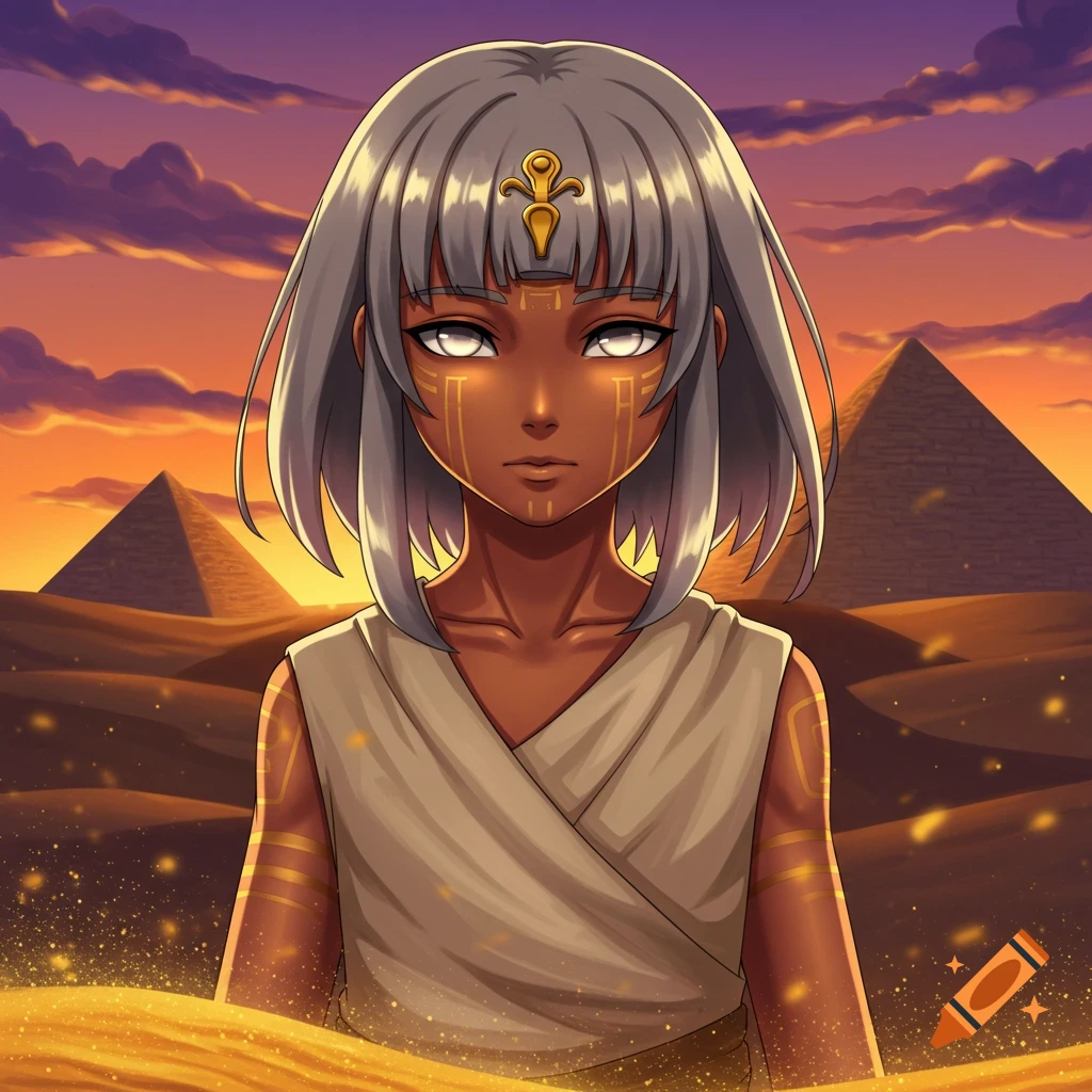 Anime character with dark skin, white glowing eyes, and gray hair, adorned with gold markings, standing in a desert with pyramids at sunset.