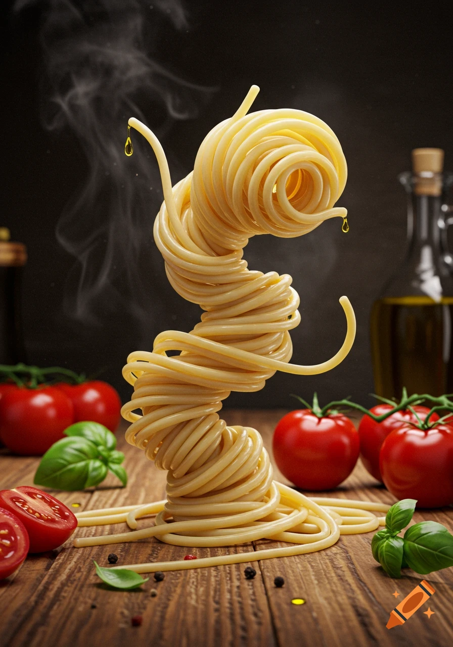 A spiral stack of cooked spaghetti forms a creature-like shape on a wooden table, with tomatoes, basil, steam, and oil droplets in a photorealistic style.