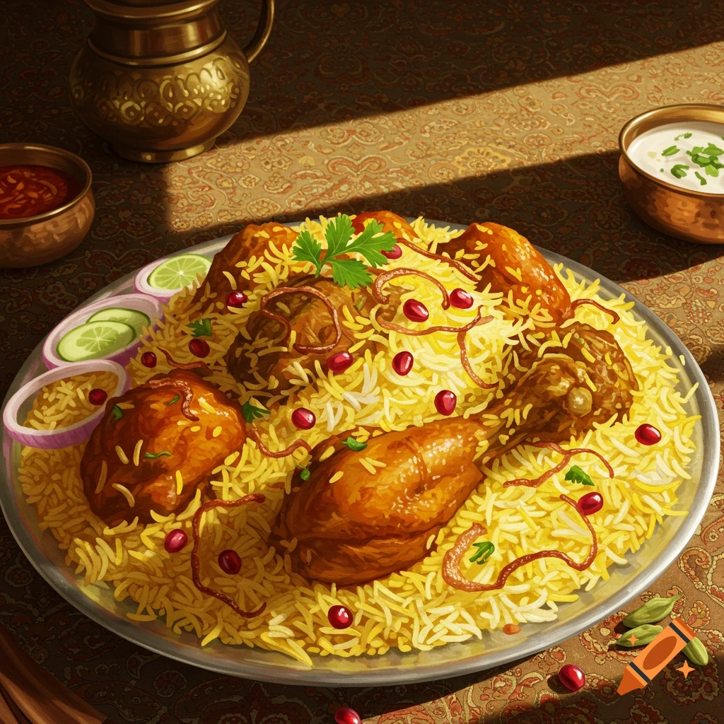 A vibrant plate of chicken and mutton biriyani garnished with pomegranate seeds, onions, cucumbers, and cilantro, with traditional serving ware on a patterned table.