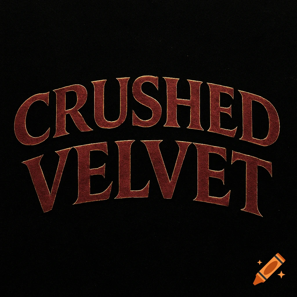 The words "CRUSHED VELVET" in dark red, textured, arched lettering against a black background, resembling a band logo.