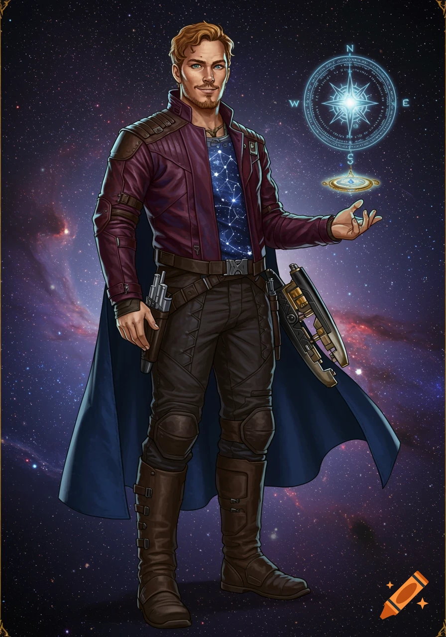 Full-body portrait of a man resembling Peter Quill in sci-fi fantasy attire against a starry cosmic background, gesturing towards a glowing compass.
