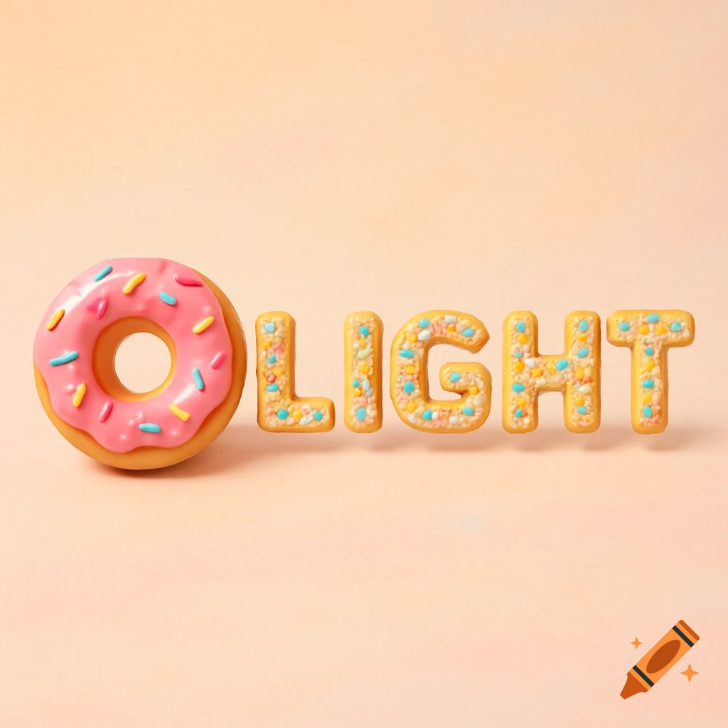 A pink-frosted donut replacing the 'O' in 'OLIGHT', with the letters 'LIGHT' as sprinkle-covered cookies, against a peach background.