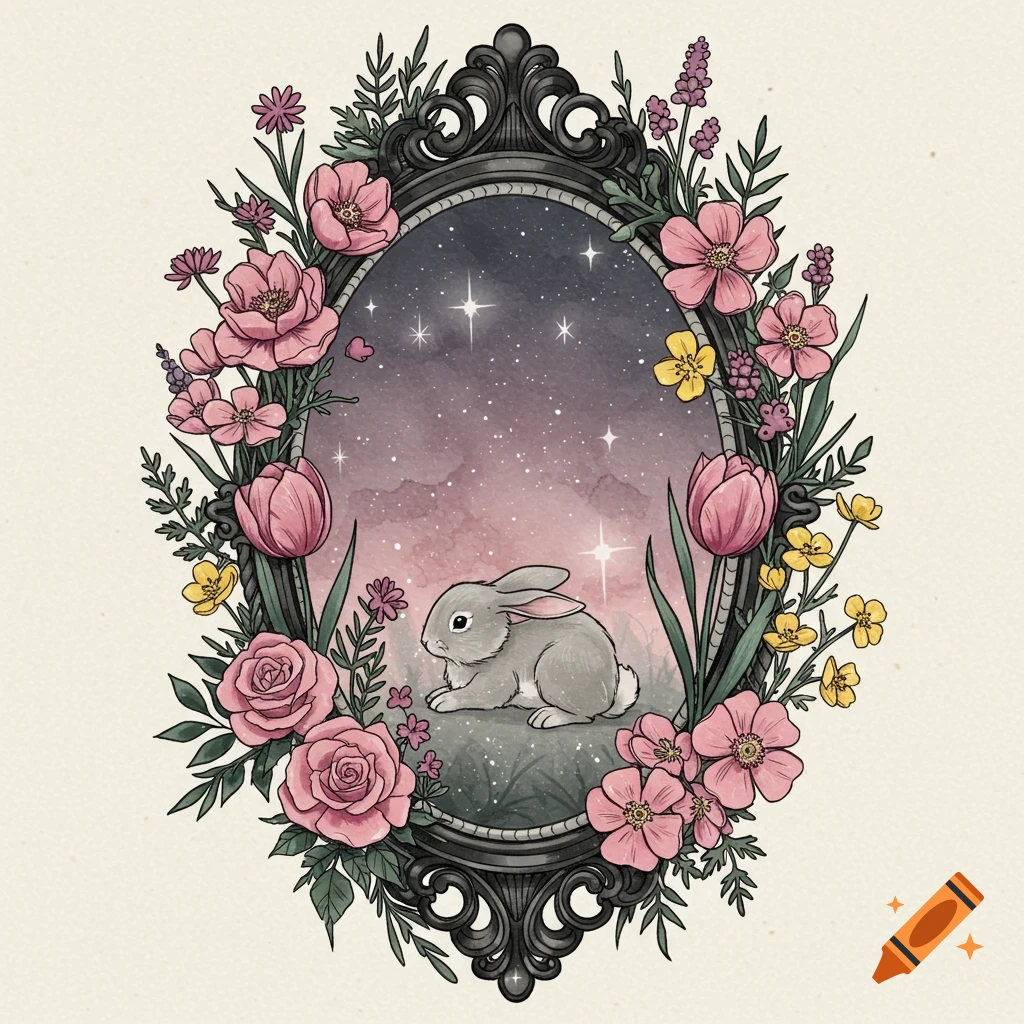 A grey bunny sits in an ornate oval frame surrounded by pink and yellow flowers and green leaves. The frame encloses a watercolor night sky with stars, in an illustrative style.