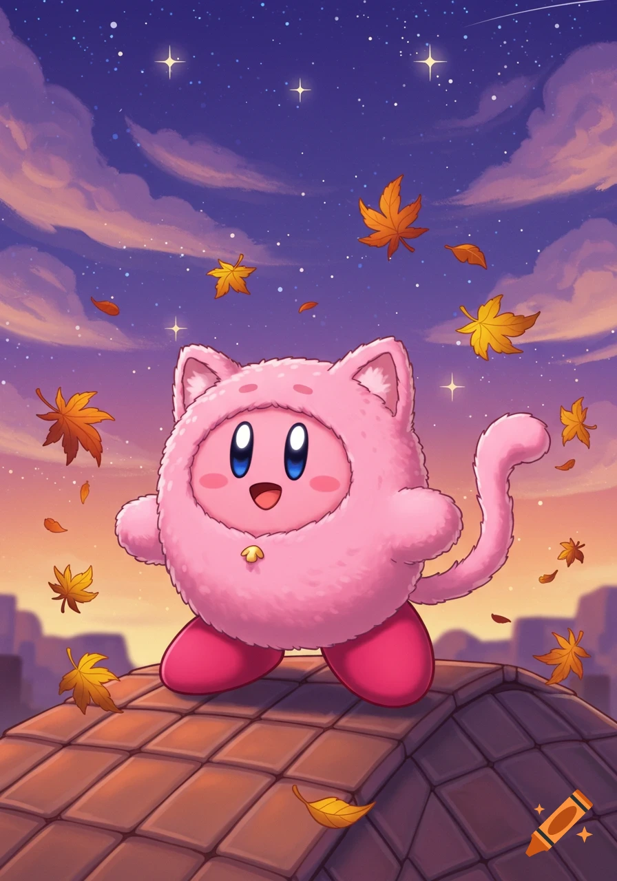A cute pink cartoon character, Kirby, in a cat suit stands on a rooftop with autumn leaves falling under a starry, cloudy night sky.