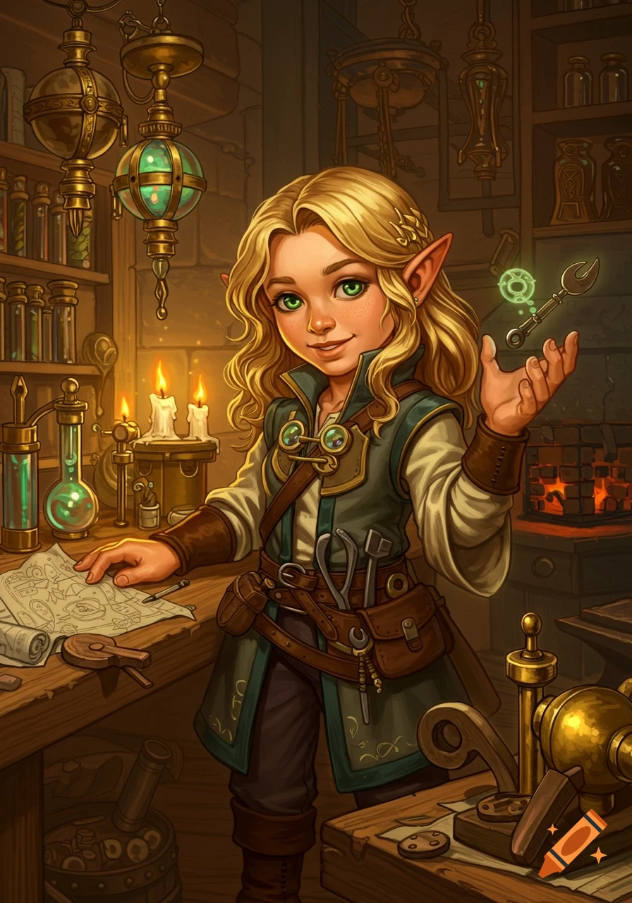 A blonde, green-eyed gnome tinkerer smiles in a warm, steampunk workshop, holding a glowing wrench and looking at blueprints.