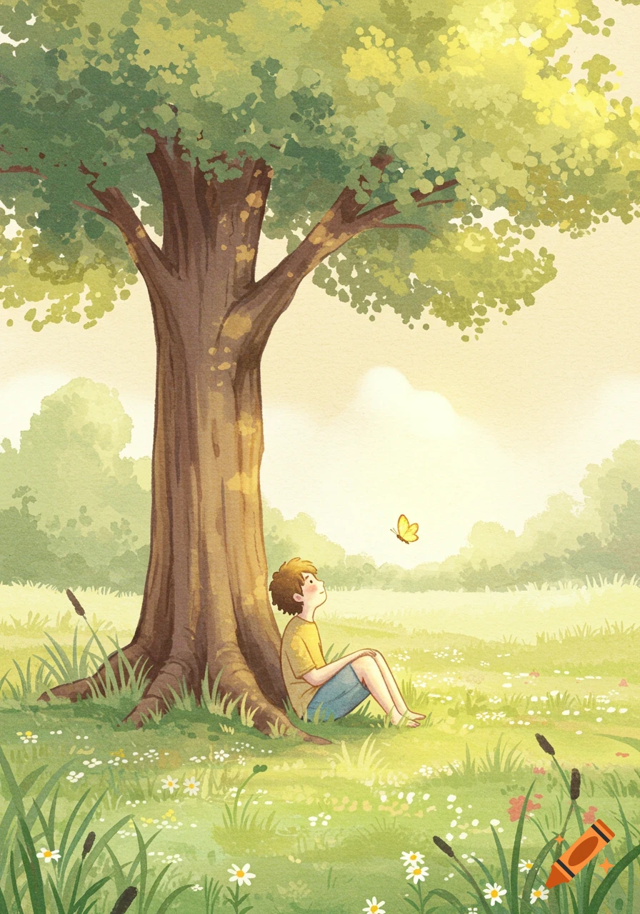 A boy sits under a large tree in a peaceful green field with flowers, watching a yellow butterfly. Watercolor style.