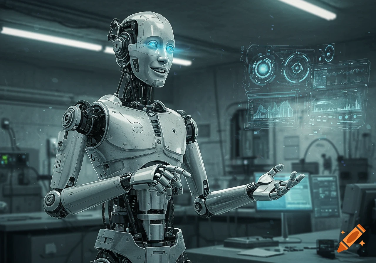 A friendly humanoid robot with glowing blue eyes interacts with holographic data screens in a dimly lit workshop, in a hyper-realistic comic art style.