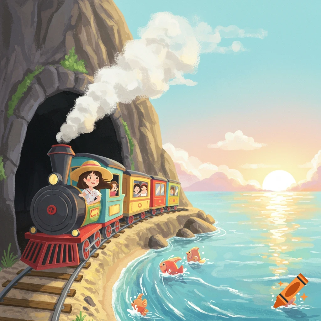 A cartoon train with a girl in a straw hat emerges from a mountain tunnel onto a beach next to the ocean, with fish jumping at sunset.