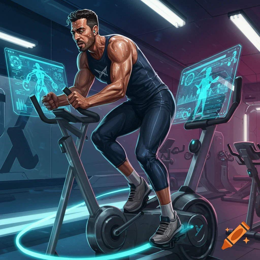Muscular man in a futuristic gym vigorously exercising on a stationary bike with holographic screens displaying data.
