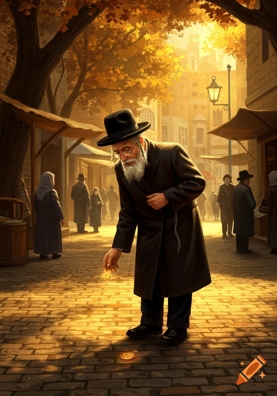 An older man with a beard and fedora bends on a cobblestone street to pick up a golden coin, illuminated by warm sunlight.