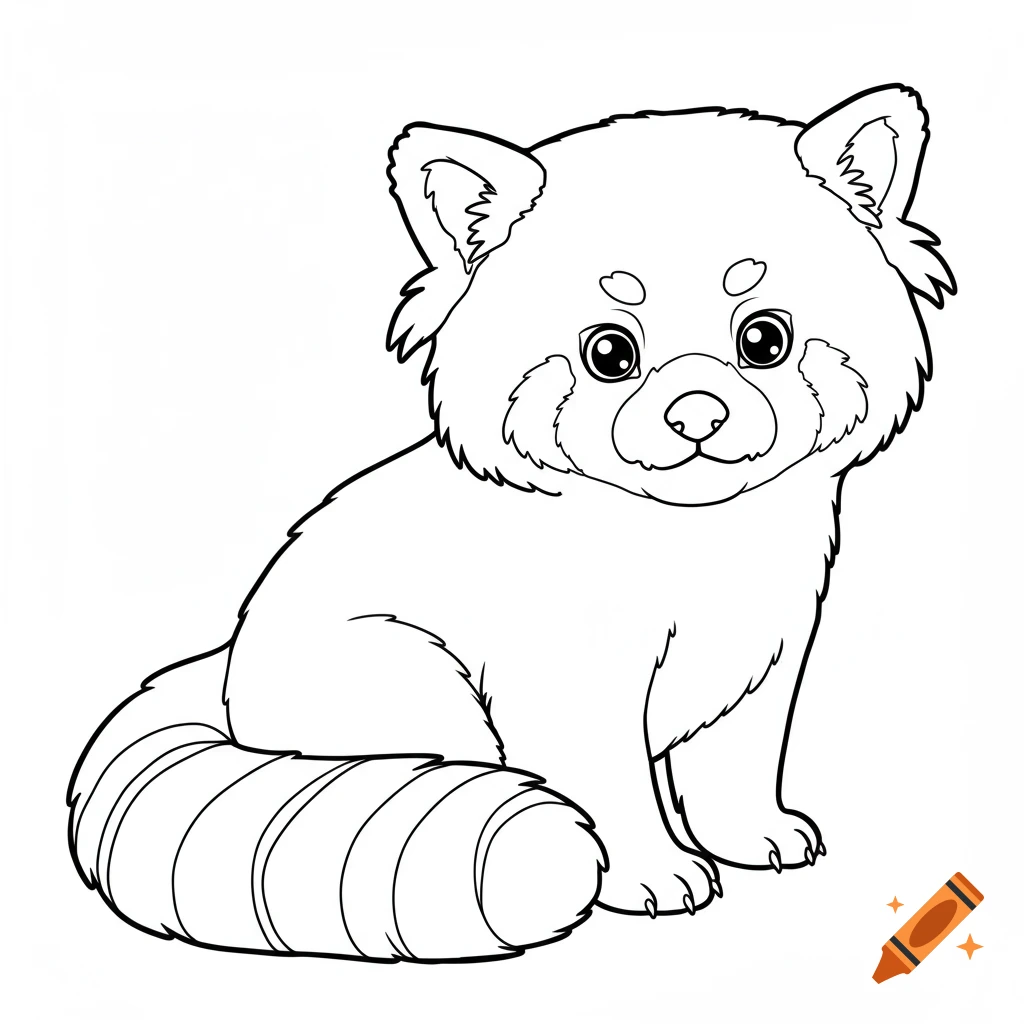 A black and white line drawing of a cute, sitting red panda, designed for a coloring book.