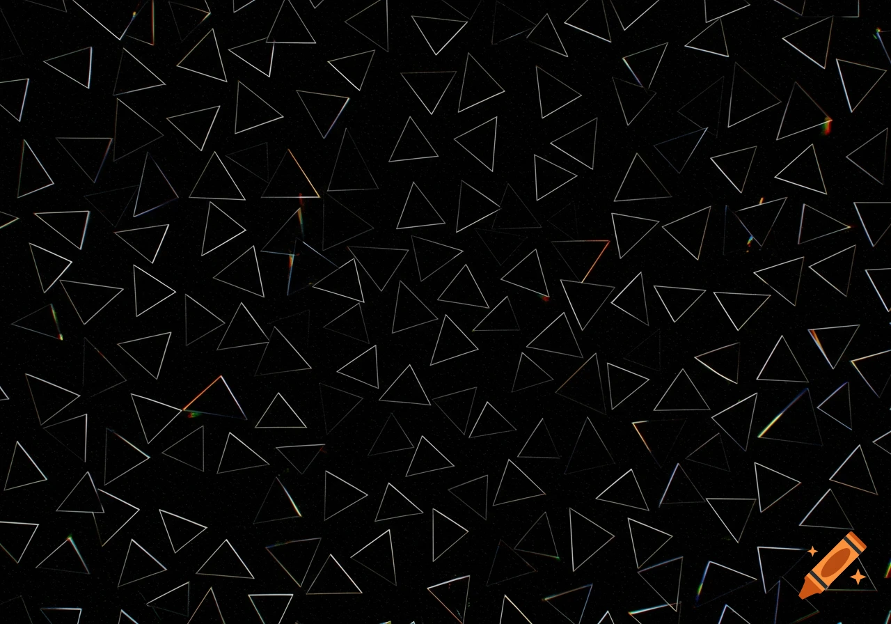 A pattern of numerous small white-outlined triangles on a black background, with subtle chromatic aberration effects.