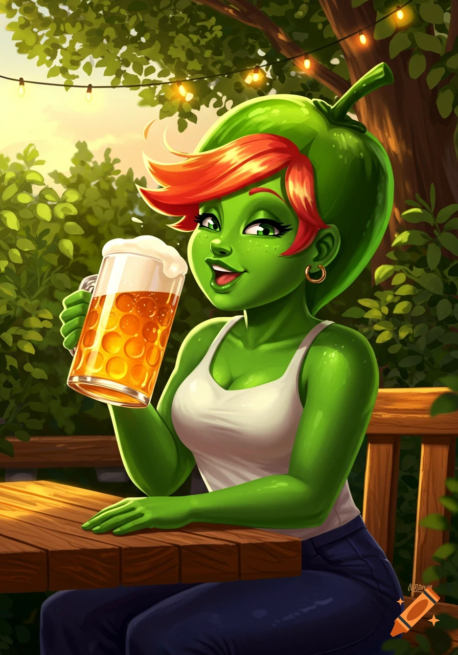 A smiling cartoon green-skinned woman with red hair, resembling a jalape o, holding a beer mug on an outdoor patio.