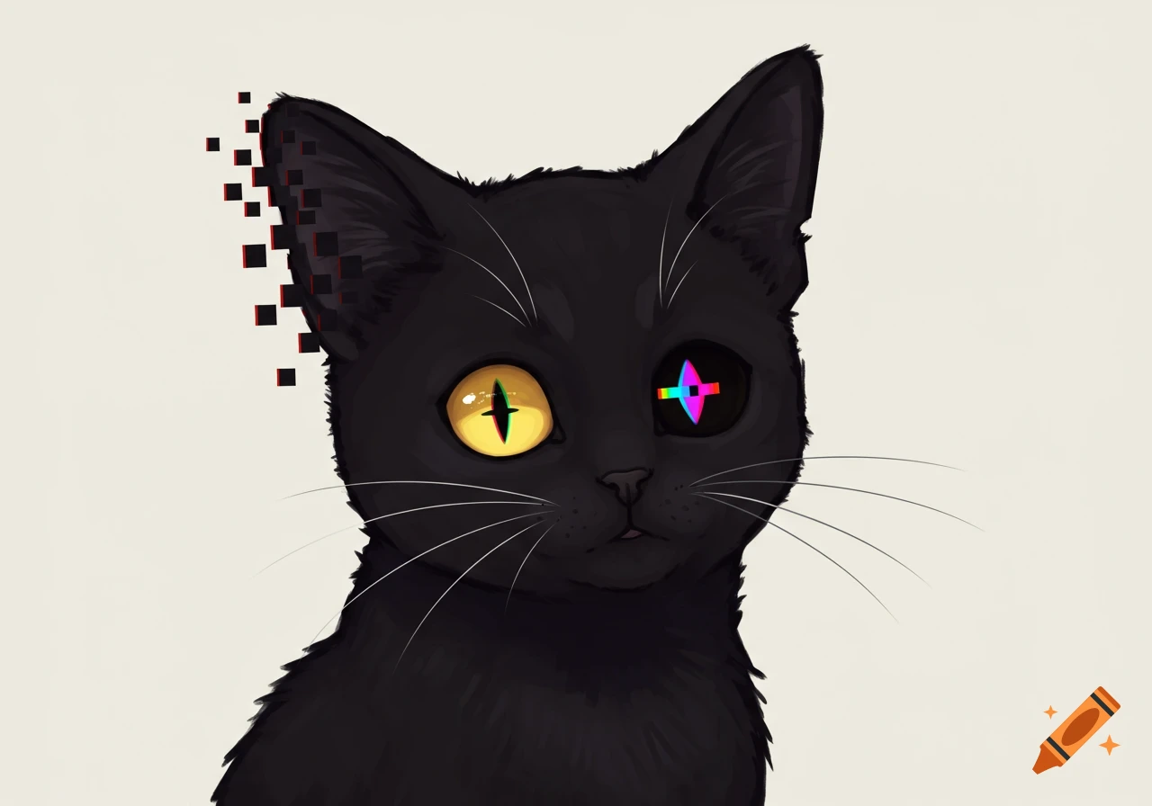 A cute cartoon black cat with a pixelated left ear, a colorful glitch right eye, and a yellow left eye.