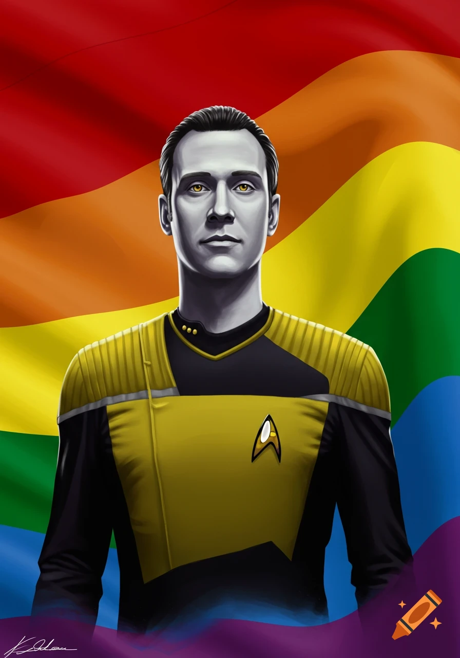 A portrait of Commander Data from Star Trek, with grey skin and golden eyes, wearing a yellow Starfleet uniform, against a vibrant rainbow flag. Illustration style.