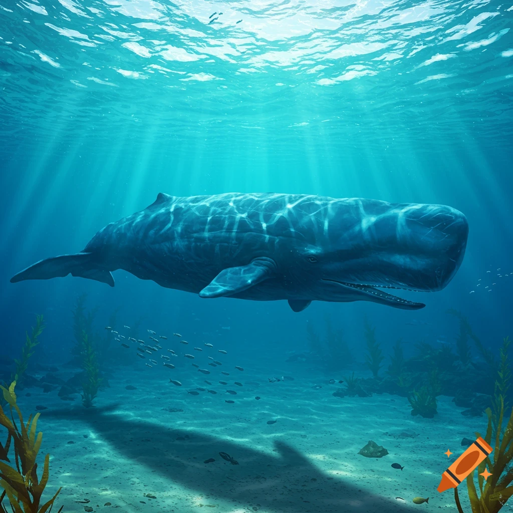 A giant sperm whale swims in a sunlit blue ocean with small fish and seaweed on the seabed.