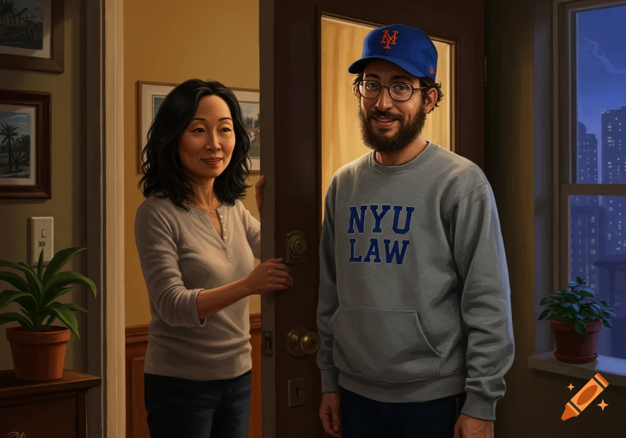 An Asian woman opens an apartment door to a bearded man in glasses, a Mets cap, and an NYU Law sweatshirt, in a digital painting.
