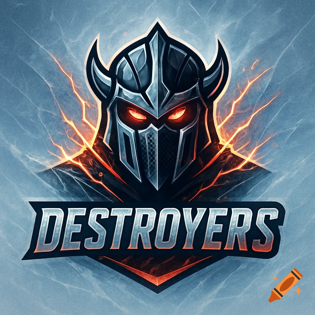 A stylized logo featuring a dark, horned helmet with glowing red eyes, surrounded by orange lightning effects. The word 'DESTROYERS' is below.