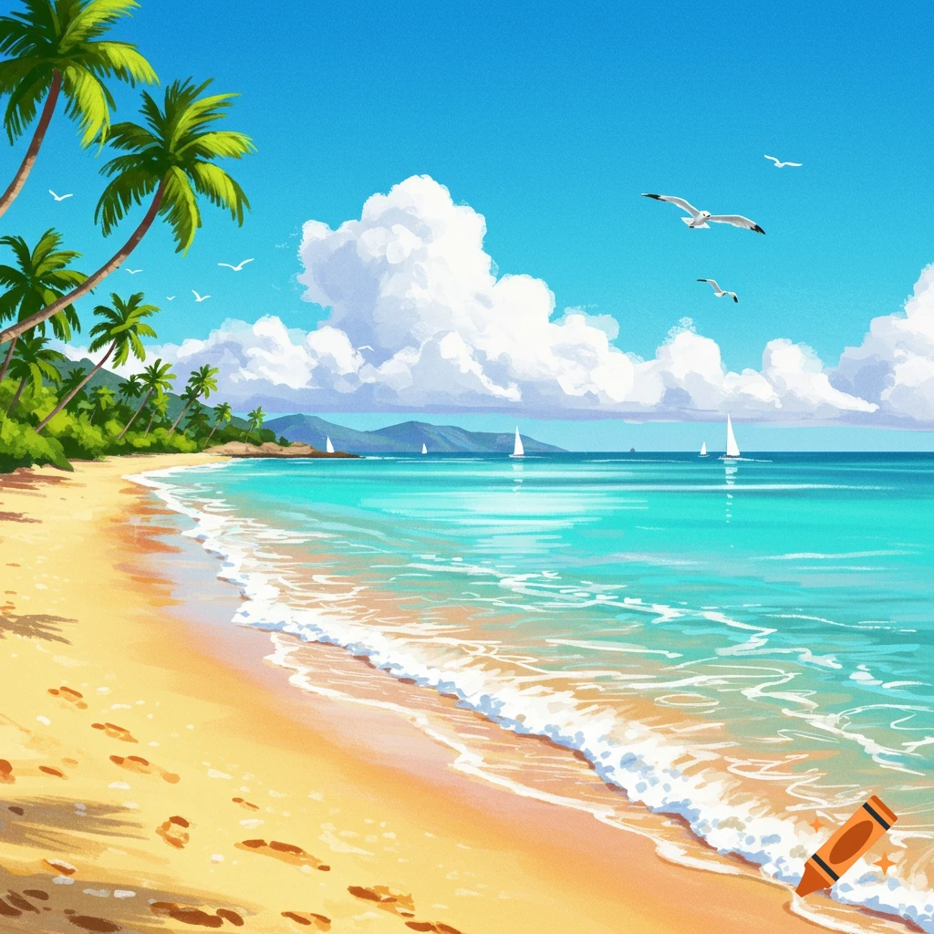 A bright, stylized illustration of a tropical beach with palm trees, turquoise water, sailboats, and footprints in the sand.