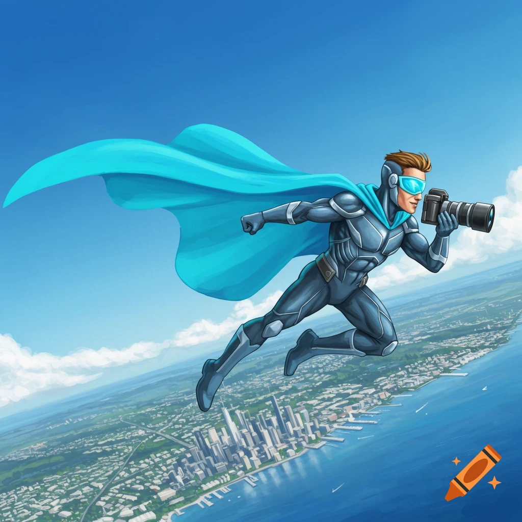 A superhero in a blue and gray suit with a flowing blue cape flies over a city while holding a camera.