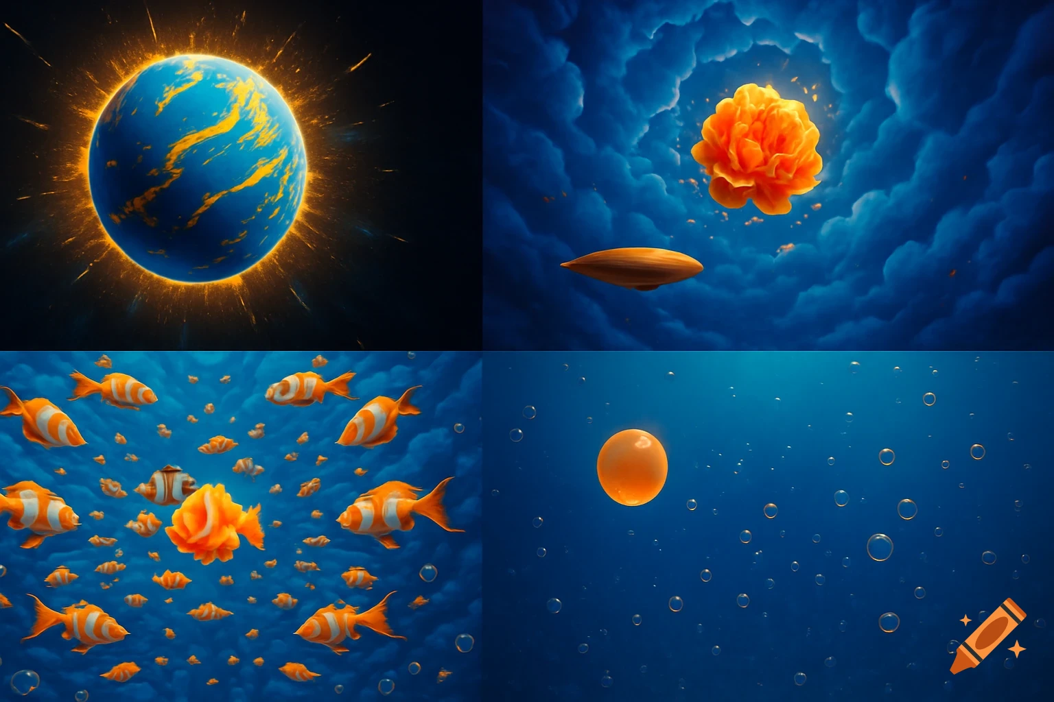 A four-panel image with a glowing blue planet, an orange flower with a zeppelin, schooling orange fish in blue water, and an orange sphere with bubbles underwater.