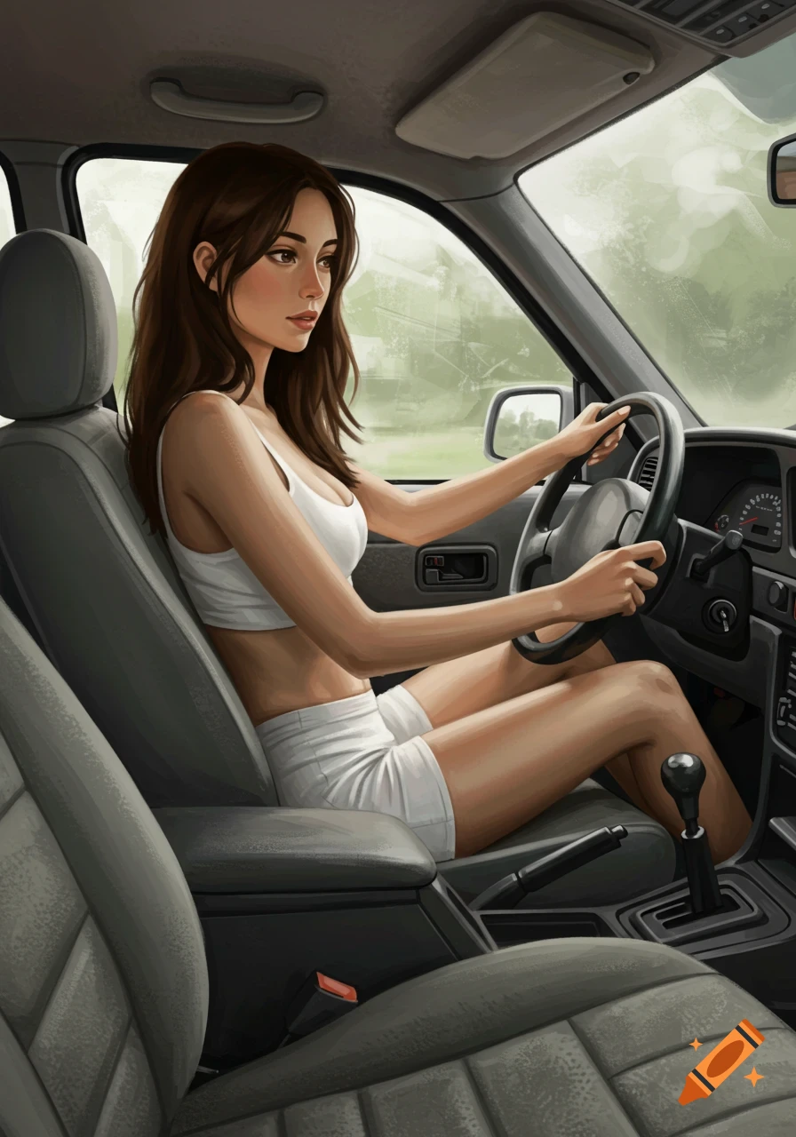 A young woman with long brown hair wearing a white crop top and shorts drives an old car.