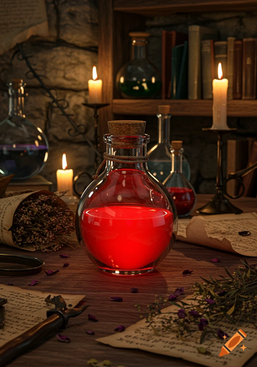 A red potion bottle on a wooden table with candles, old papers, and dried flowers in a mystical alchemist's lab.