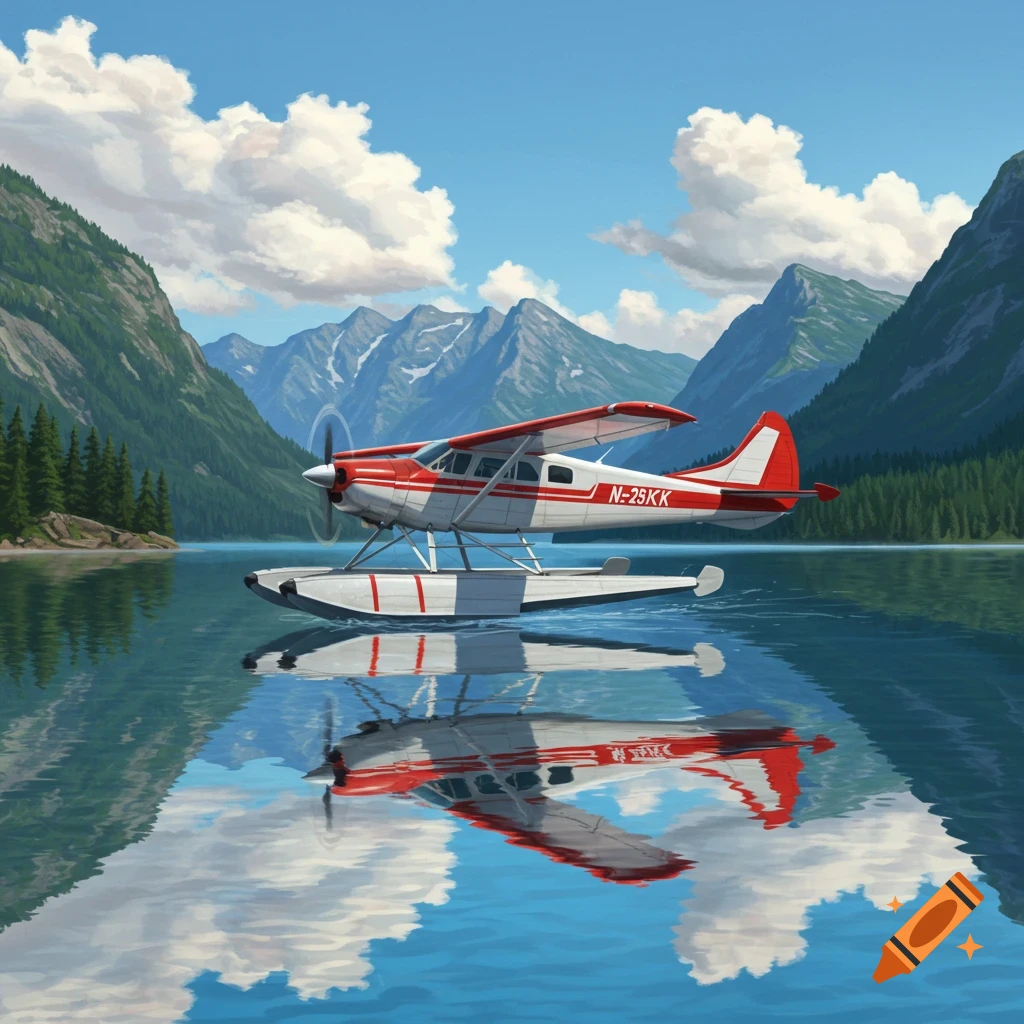 A red and white float plane floats on a calm lake surrounded by lush green mountains under a blue sky with white clouds.