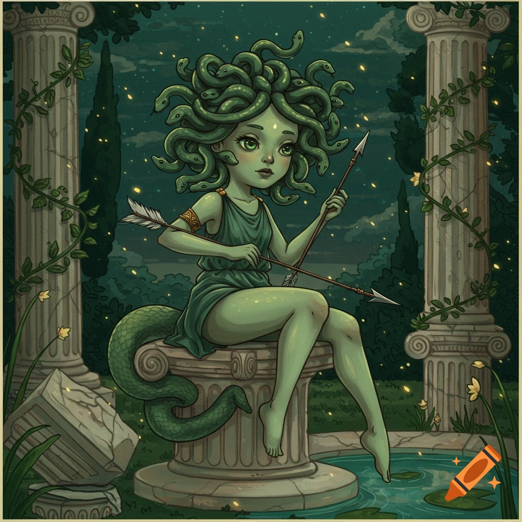 Cartoon illustration of a dainty Medusa sitting on a stone pillar, holding arrows, surrounded by ancient ruins and a pond at night.