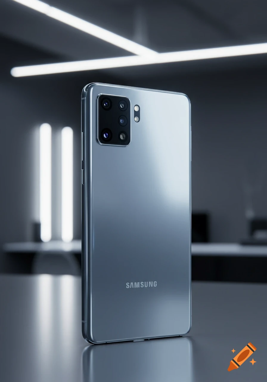 A silver Samsung smartphone seen from the back, featuring a distinctive quad-camera layout and a flash module in a black rectangular bump.