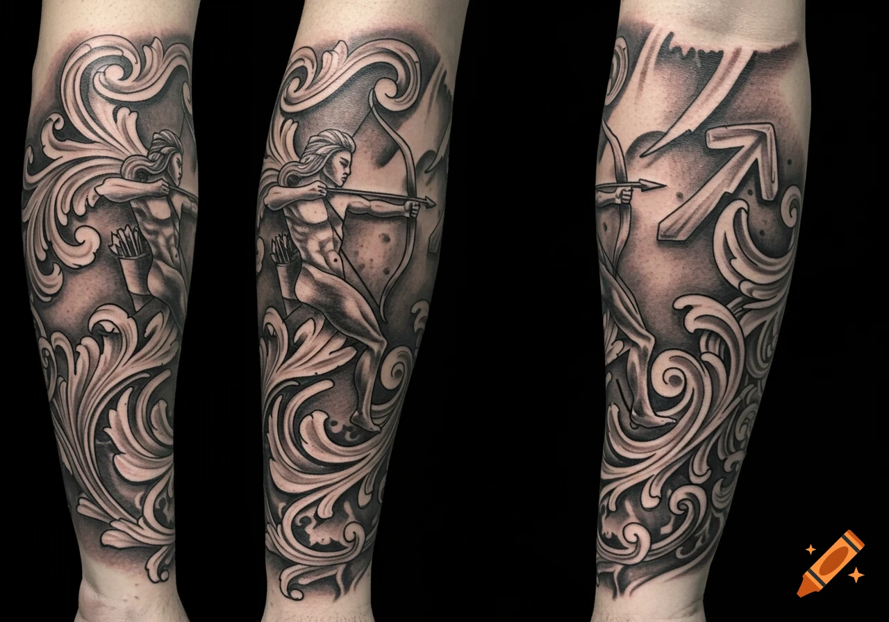 Black and gray forearm tattoo of an archer, representing Sagittarius, surrounded by ornate filigree, with the Sagittarius symbol.