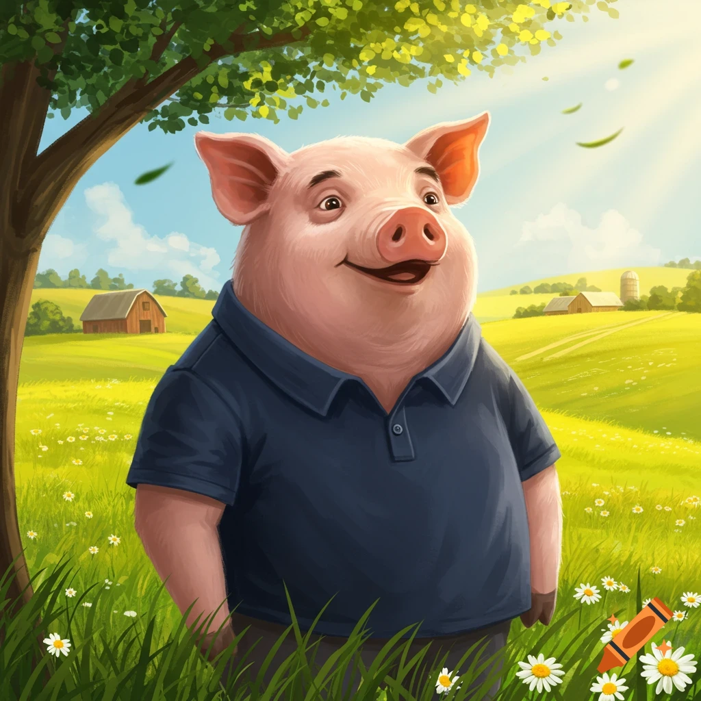 A happy anthropomorphic pig in a blue polo shirt stands in a sunny green field with daisies, barns, and trees in the background.