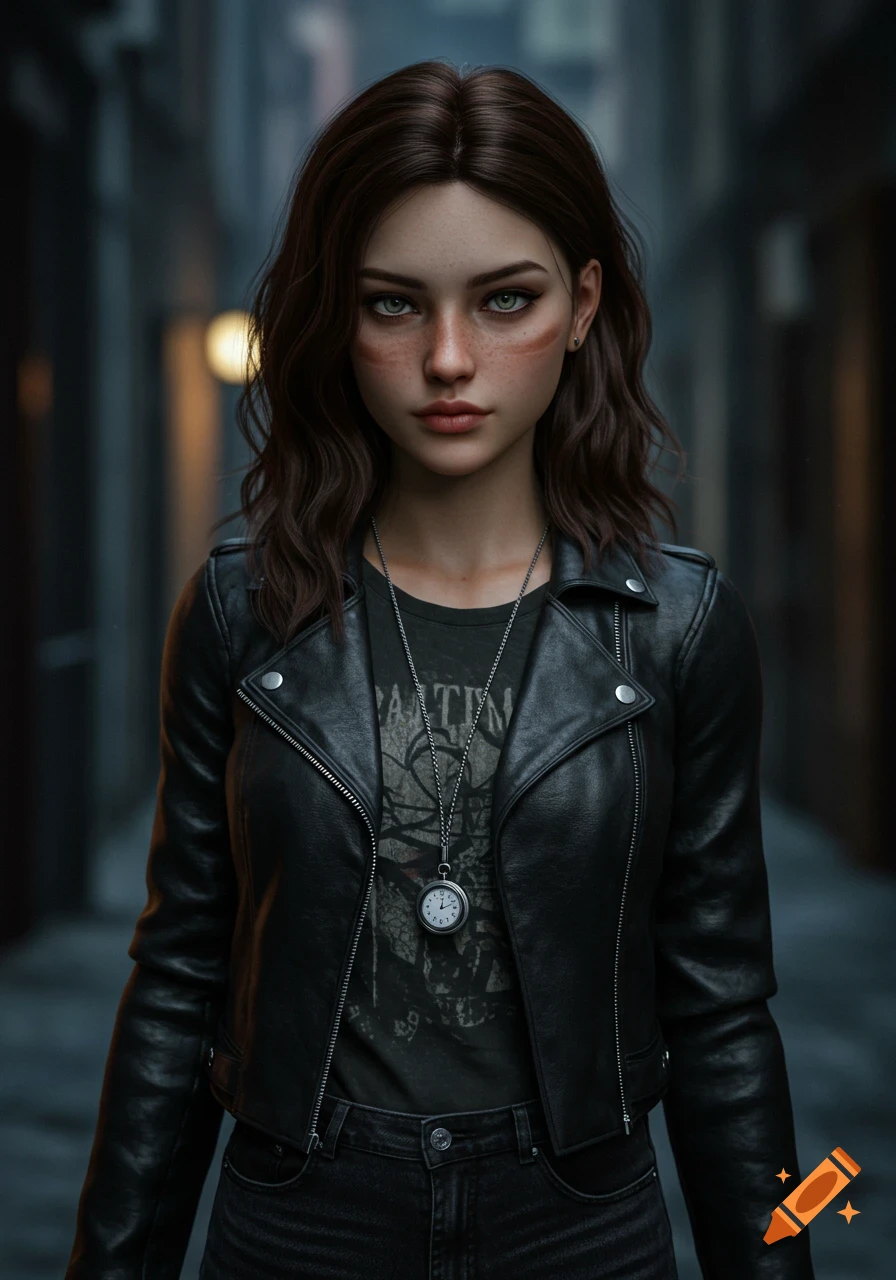 Photorealistic portrait of a young woman with dark hair and green eyes, wearing a black leather jacket and jeans in a dim urban alley.