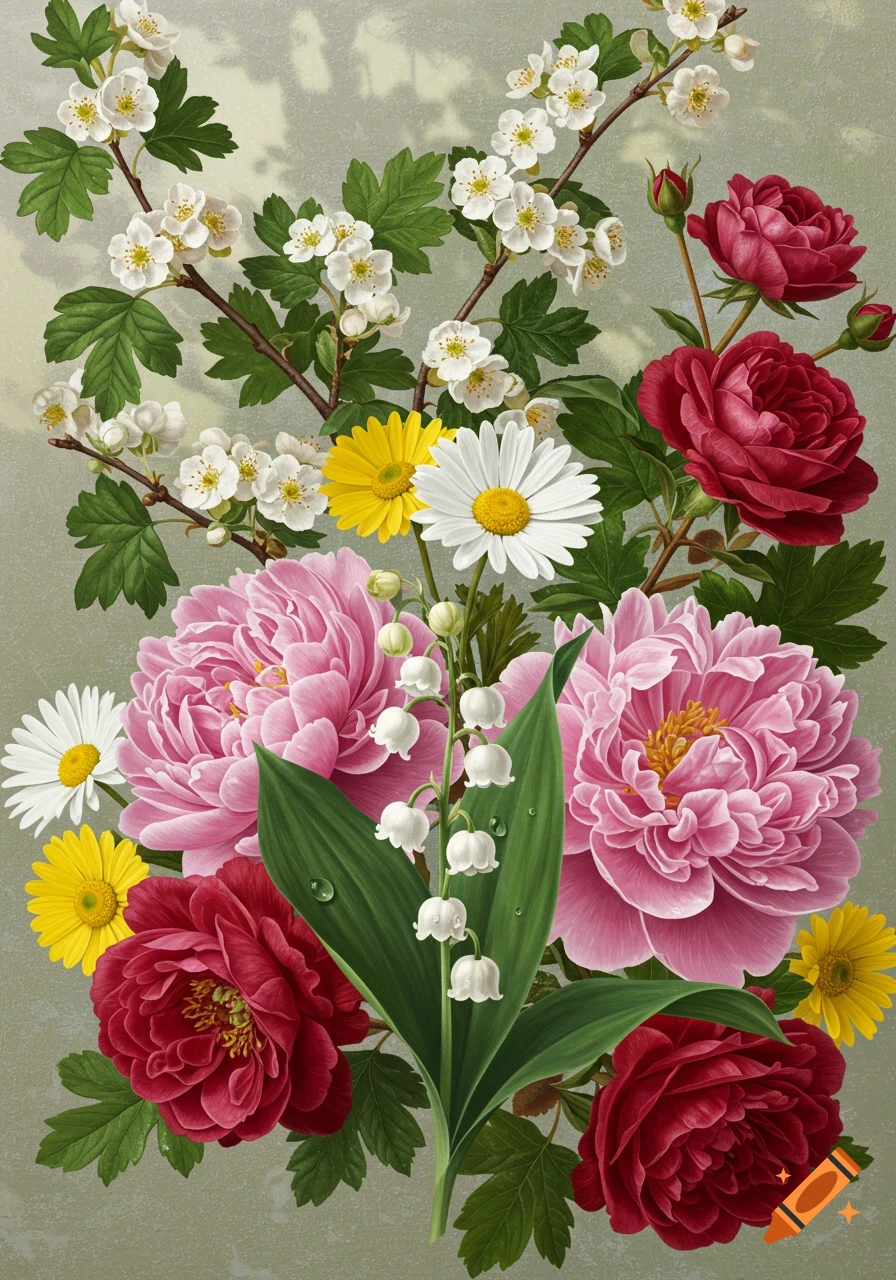 A vibrant botanical illustration featuring a bouquet of white hawthorn, yellow daisies, pink peonies, red roses, and white lily of the valley.