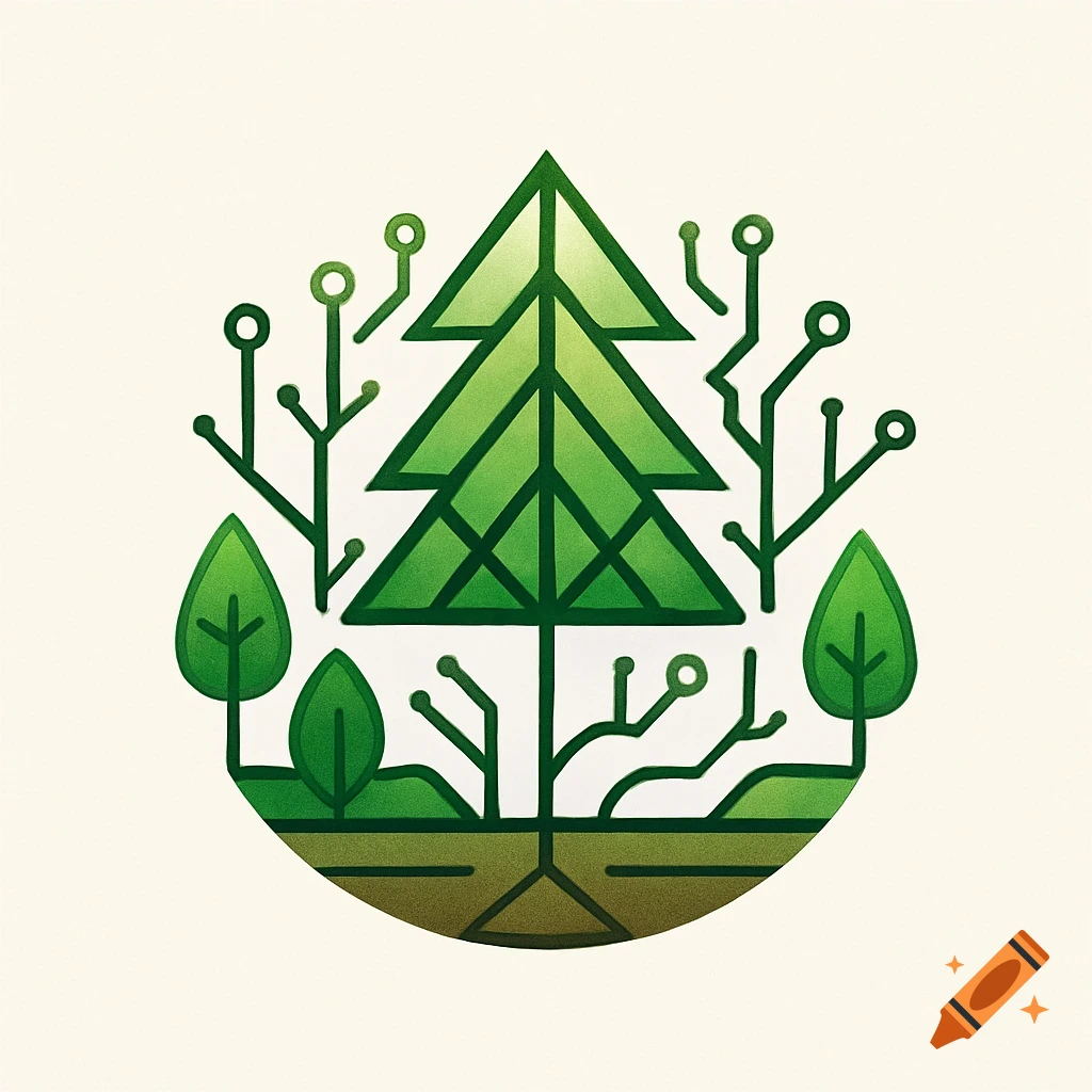 A stylized green logo combining a tree with roots and leaves, surrounded by abstract circuit board elements, all within a circular design.