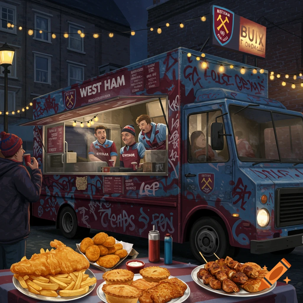 An illustrated night scene of a West Ham themed food truck selling British street food like fish and chips, pies, and kebabs, with a customer waiting.