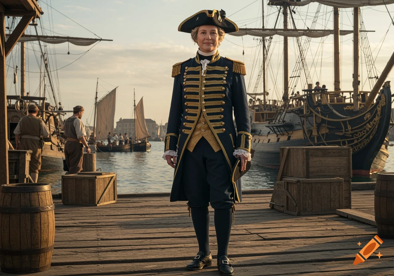 Photorealistic portrait of a middle-aged woman in an 18th-century naval officer's uniform standing on a wooden dock with ships.