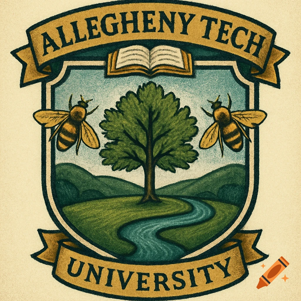 Vintage school crest for Allegheny Tech University, featuring a central tree, two bees, and a winding river against a mountain backdrop.