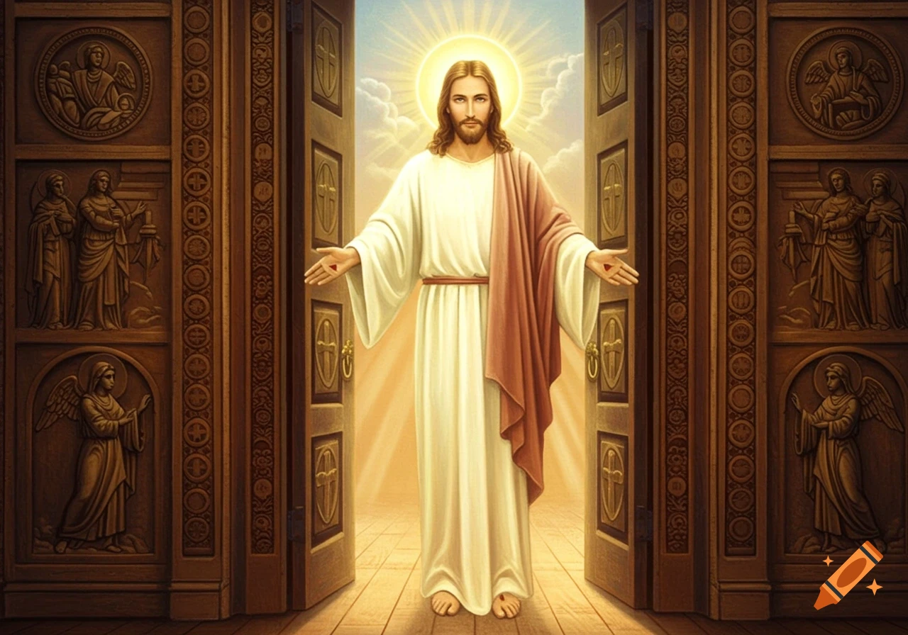 Jesus with a halo stands in a bright open doorway, hands outstretched, flanked by ornate wooden doors with carvings.