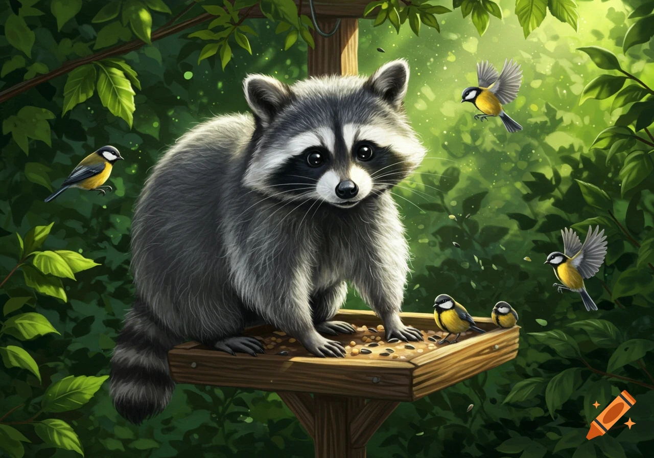 A cute raccoon on a wooden bird feeder with various small yellow and black birds around it, in a lush green forest.