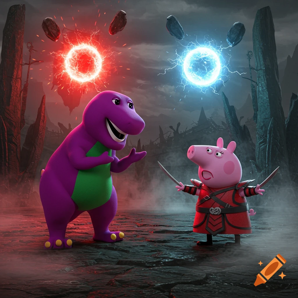 Barney and Peppa Pig in a dark, dramatic fantasy battle scene, with glowing orbs and floating rocks.