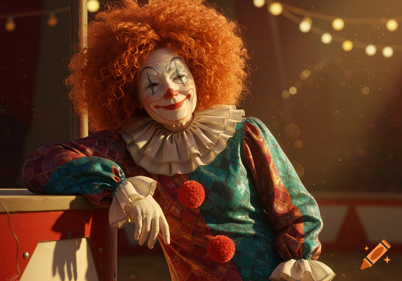 An elderly female clown with curly red hair and a colorful costume smiles while leaning on a red surface, with blurred circus lights in the background.