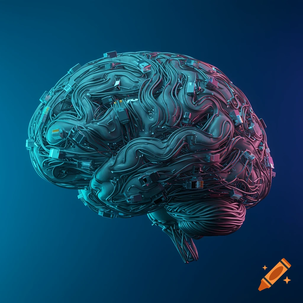 A cybernetic brain made of intertwined cables and RJ45 plugs, illuminated with blue and pink light against a dark blue background.