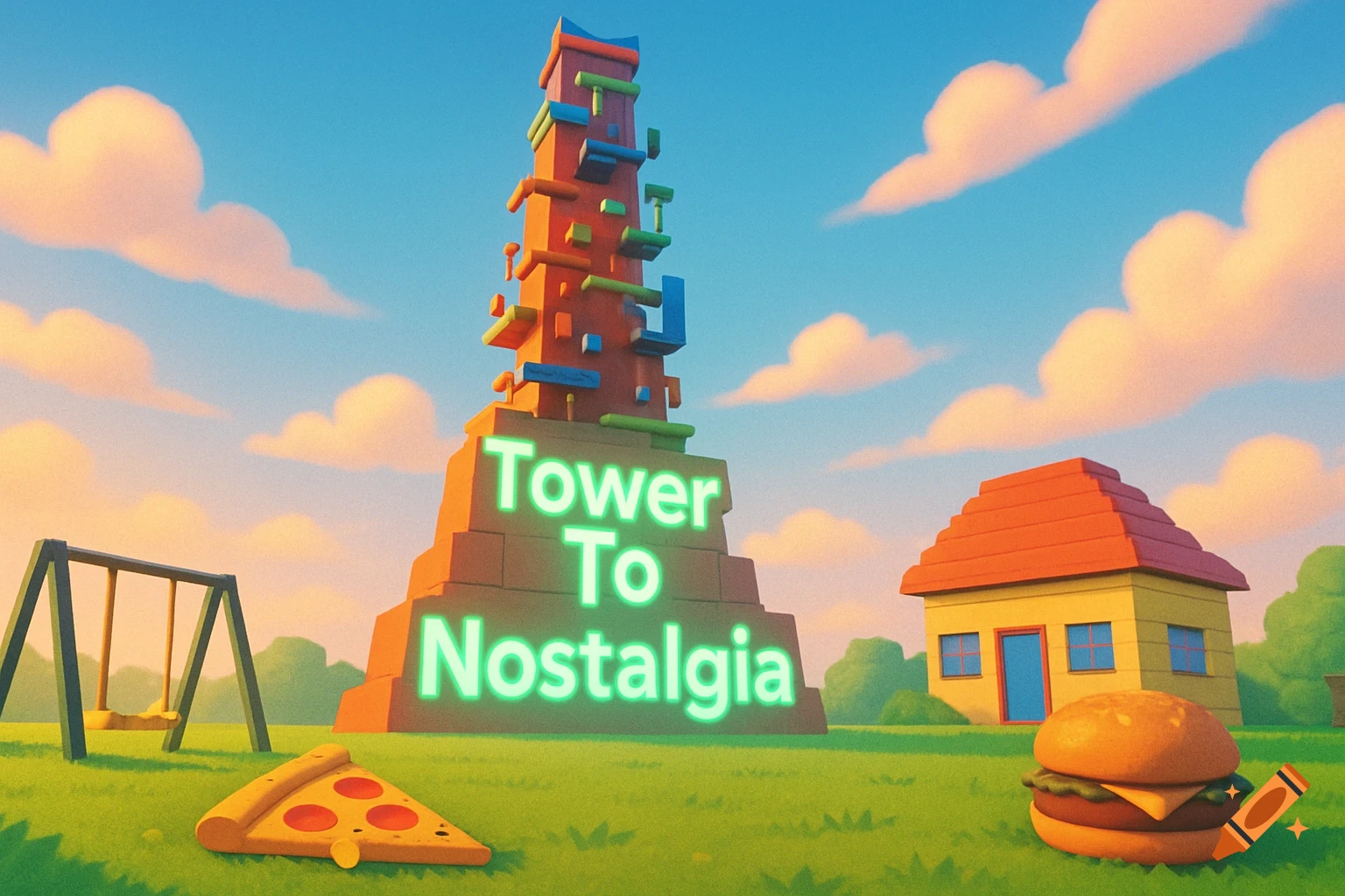 A whimsical cartoon landscape featuring a tall, blocky tower with "Tower To Nostalgia" in glowing green text. A playground, house, pizza slice, and burger are scattered on the grassy ground under a blue sky with pink clouds.