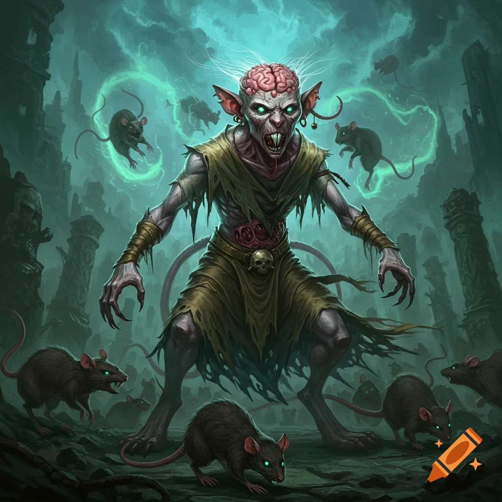 A grotesque, brain-exposed humanoid creature in tattered clothes surrounded by glowing-eyed rats in a dark, ruinous fantasy setting.