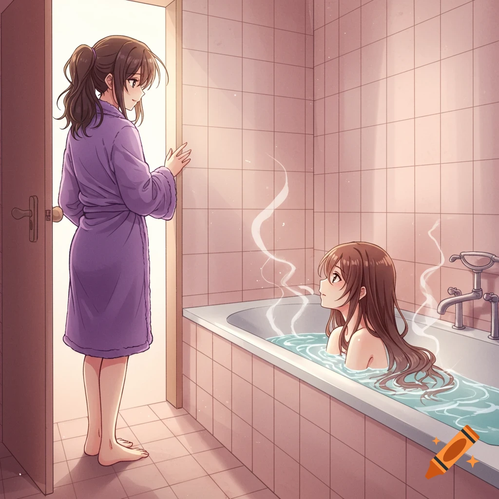 An anime-style drawing of a woman in a purple bathrobe standing in a doorway, looking at another woman bathing in a tub.