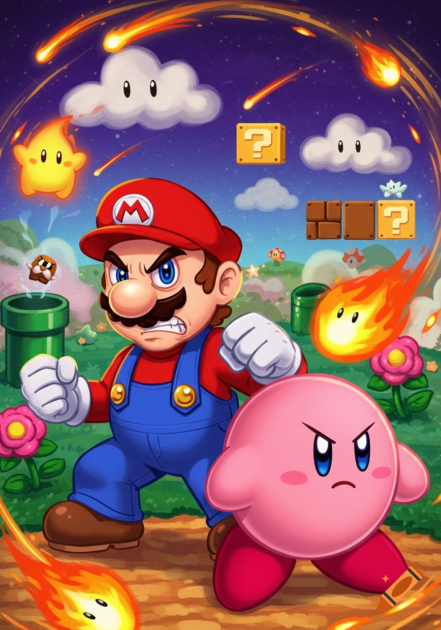 Mario and Kirby, both looking angry, stand ready for battle in a vibrant, colorful world with floating question mark blocks, pipes, and shooting stars.